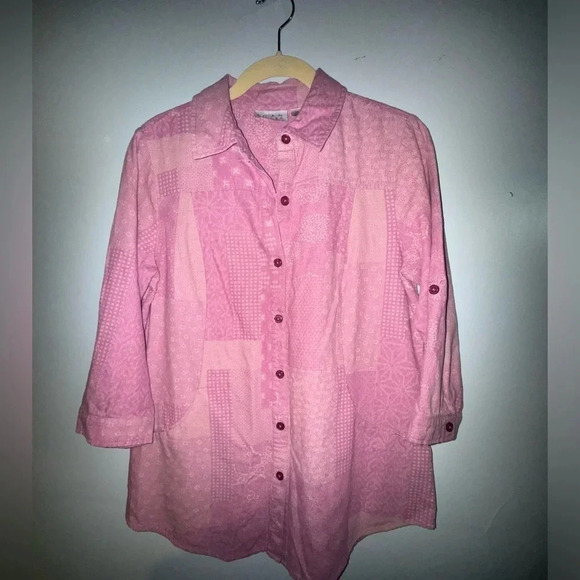 JOAN RIVERS women’s Pink‎ and white patch work Shirt Pockets Size XL 100% Cotton - Picture 1 of 3